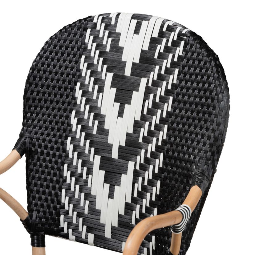 Wallis Modern French Two-Tone Black and White Weaving and Natural Rattan Indoor Dining Chairs