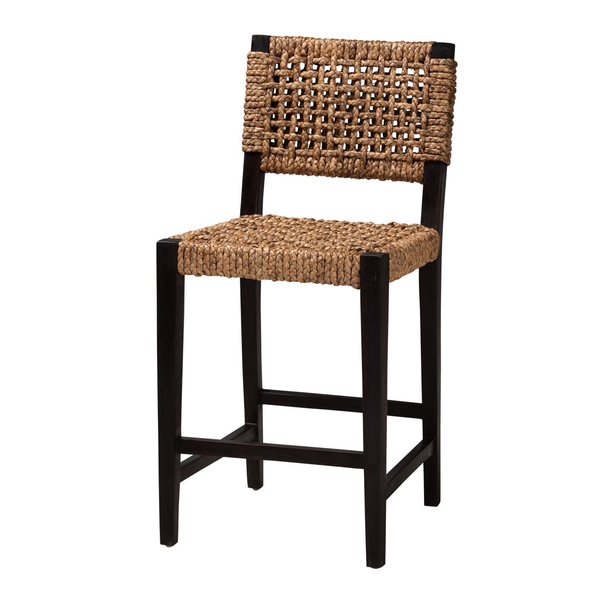 Alise Modern Bohemian Dark Brown Mahogany Wood and Seagrass Counter Stool