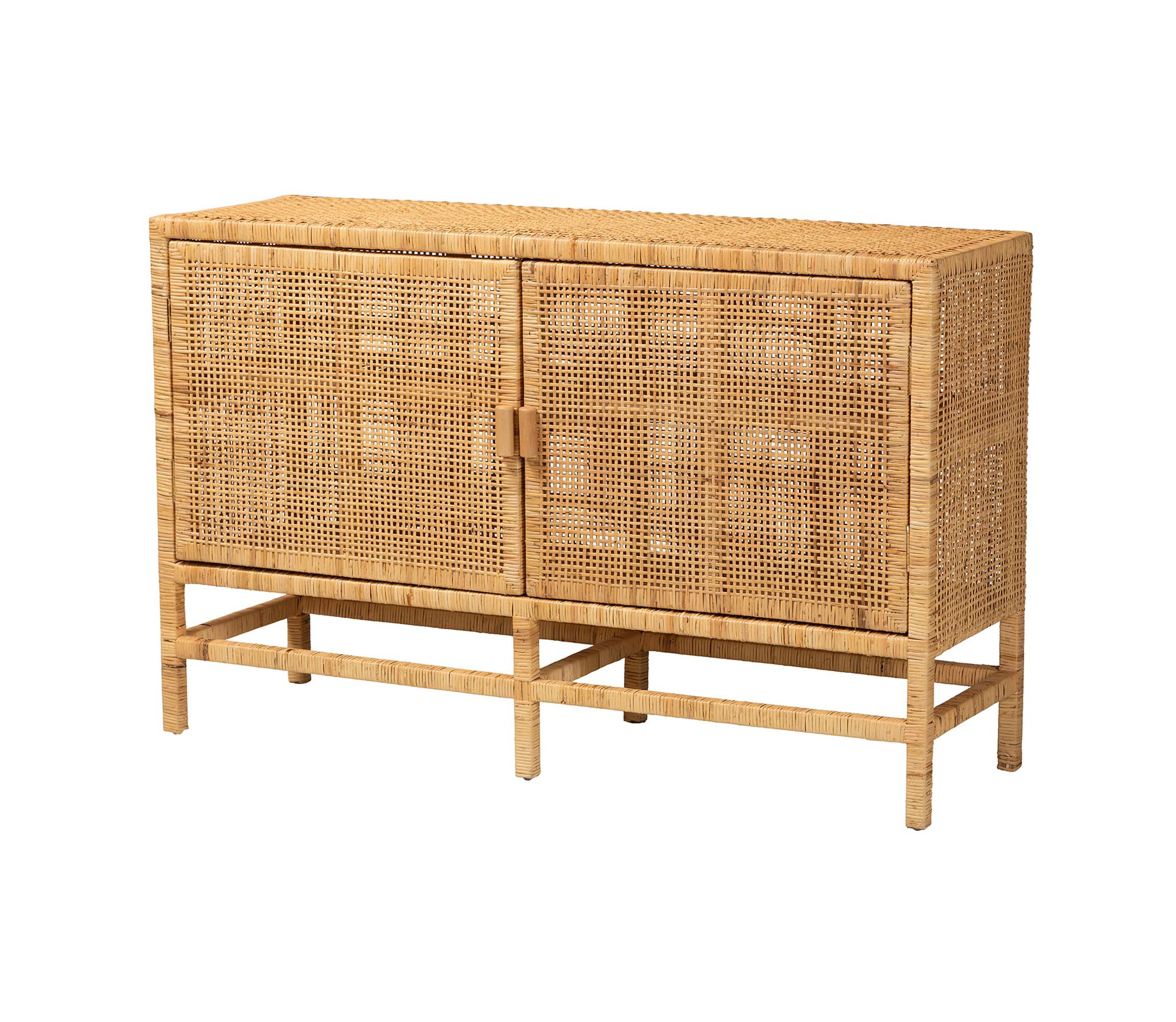 Vivan Modern Bohemian Natural Brown Rattan and Mahogany Wood Storage Cabinet