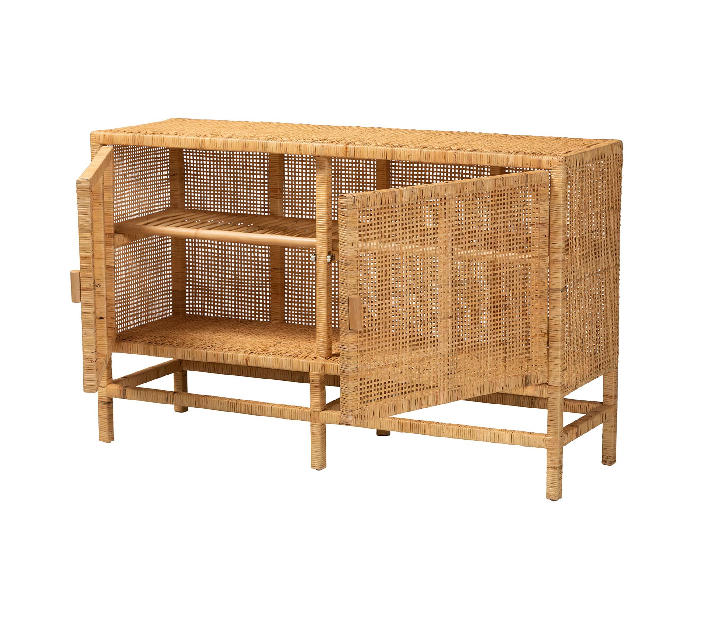 Vivan Modern Bohemian Natural Brown Rattan and Mahogany Wood Storage Cabinet