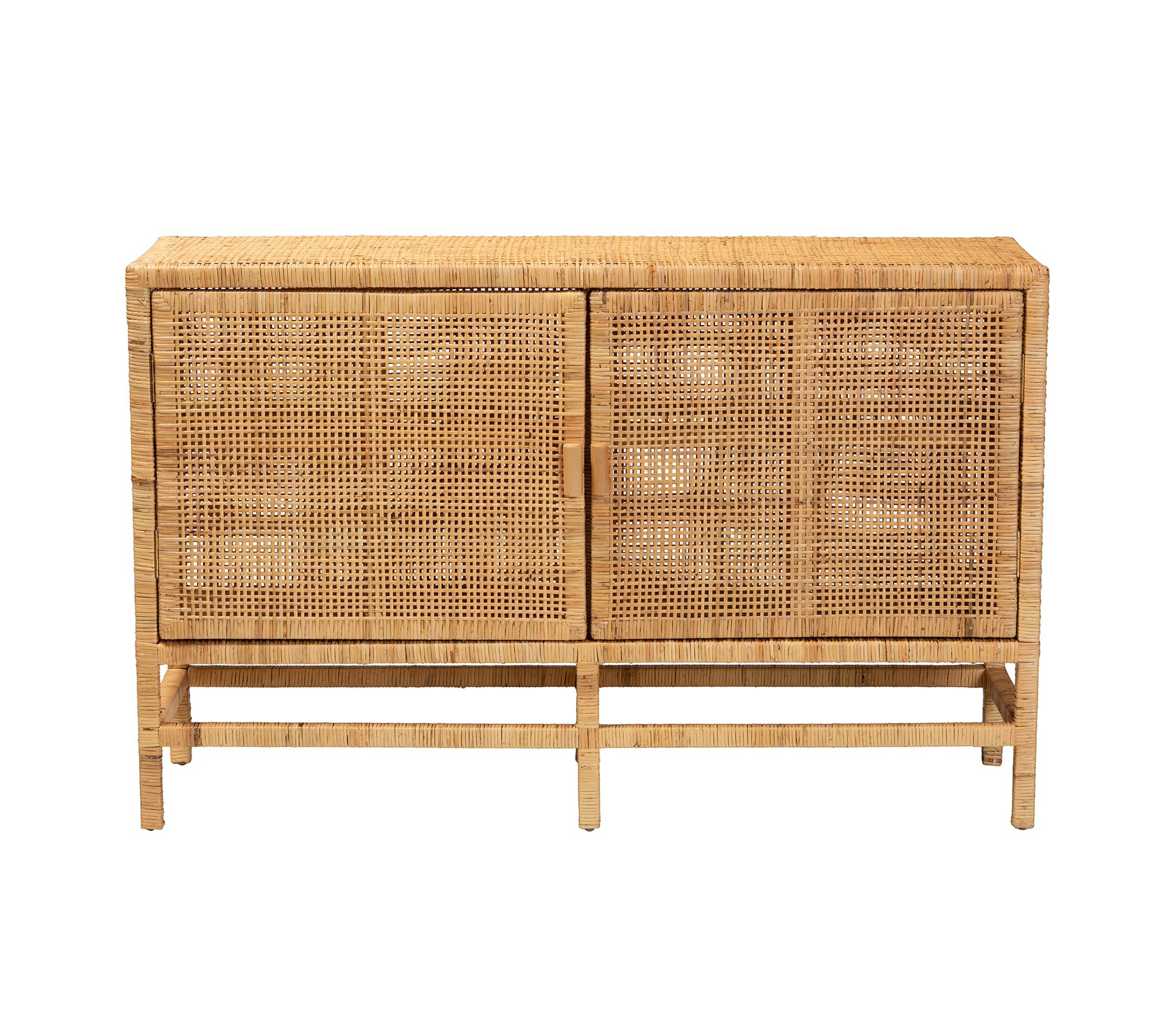 Vivan Modern Bohemian Natural Brown Rattan and Mahogany Wood Storage Cabinet