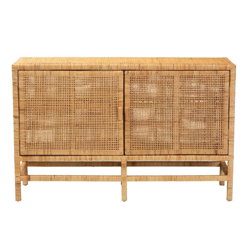 Vivan Modern Bohemian Natural Brown Rattan and Mahogany Wood Storage Cabinet
