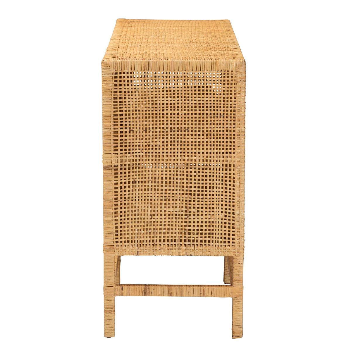 Vivan Modern Bohemian Natural Brown Rattan and Mahogany Wood Storage Cabinet