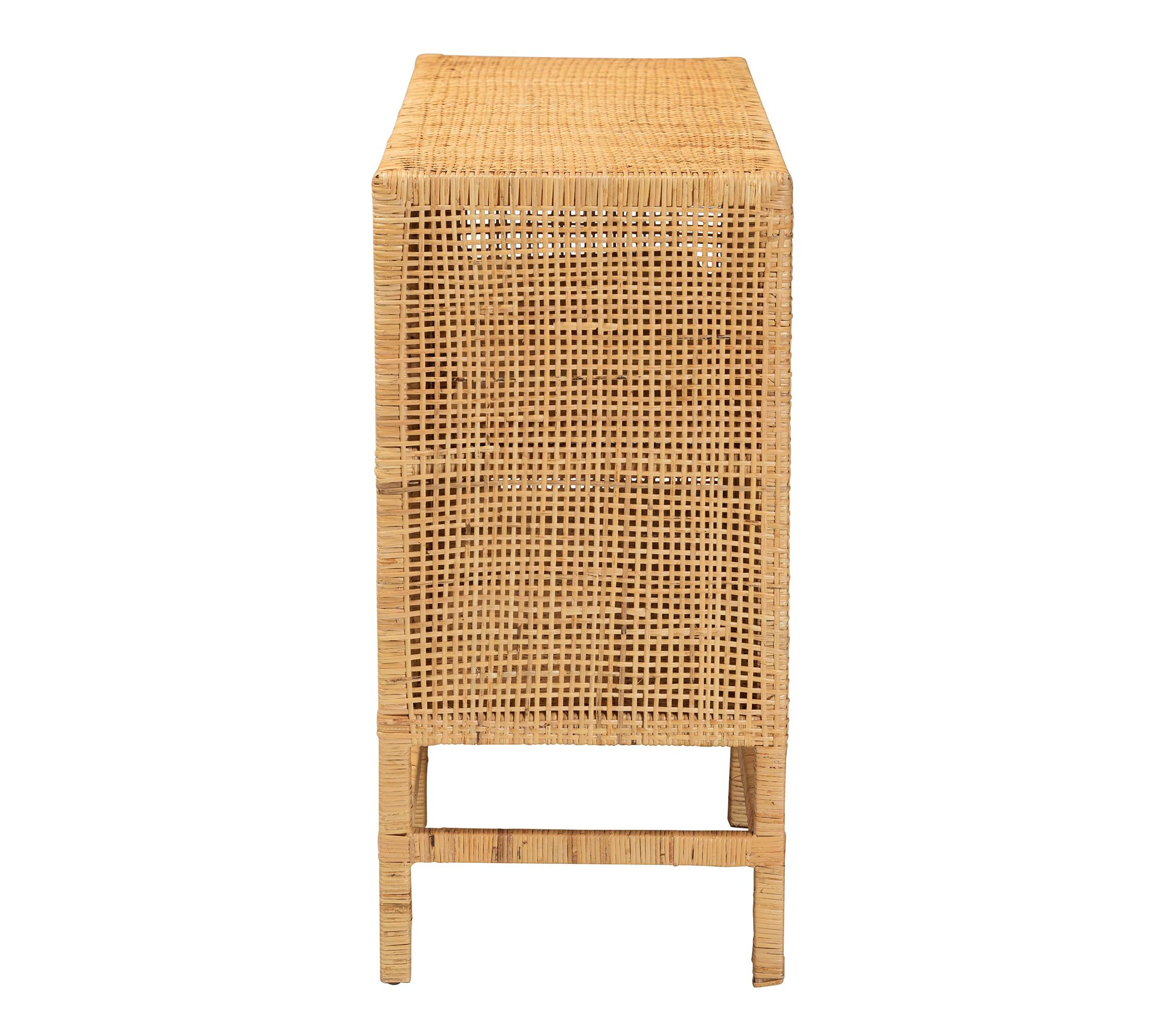 Vivan Modern Bohemian Natural Brown Rattan and Mahogany Wood Storage Cabinet