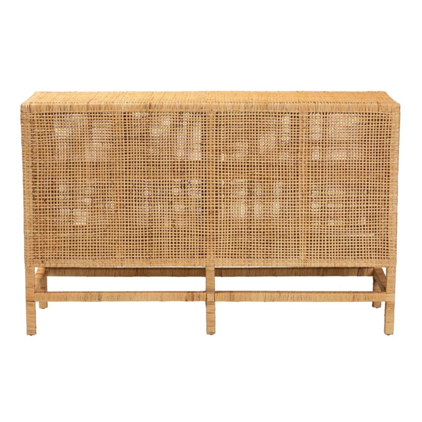 Vivan Modern Bohemian Natural Brown Rattan and Mahogany Wood Storage Cabinet
