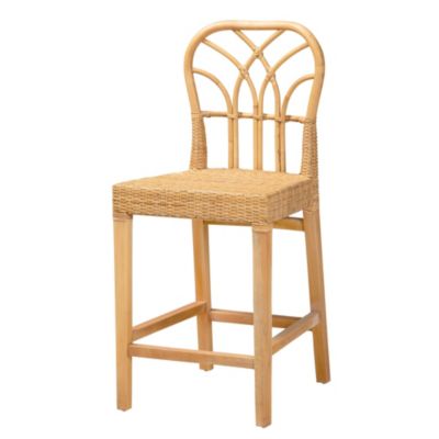 Monaco Modern Bohemian Natural Rattan and Mahogany Wood Counter Stool