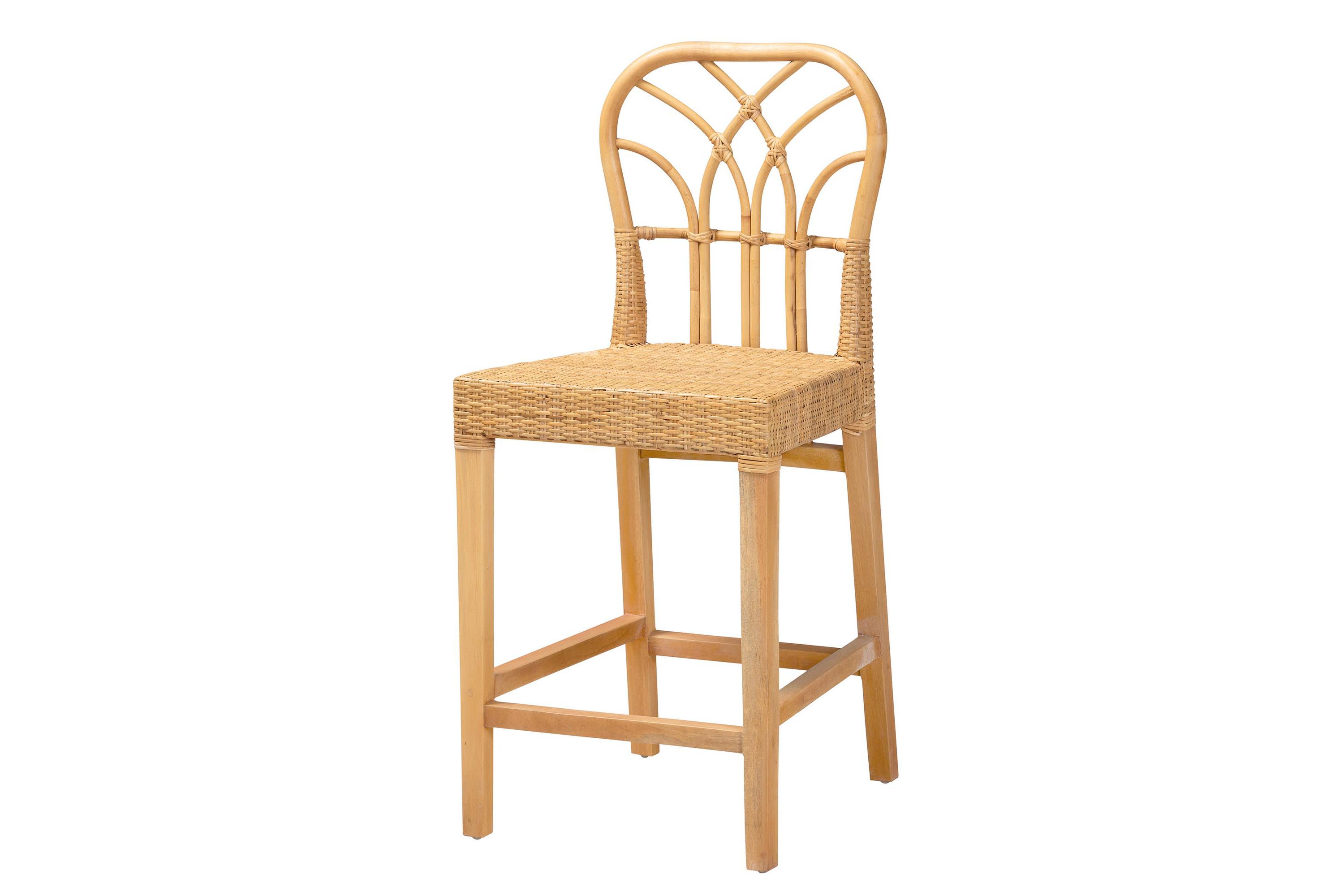 Monaco Modern Bohemian Natural Rattan and Mahogany Wood Counter Stool