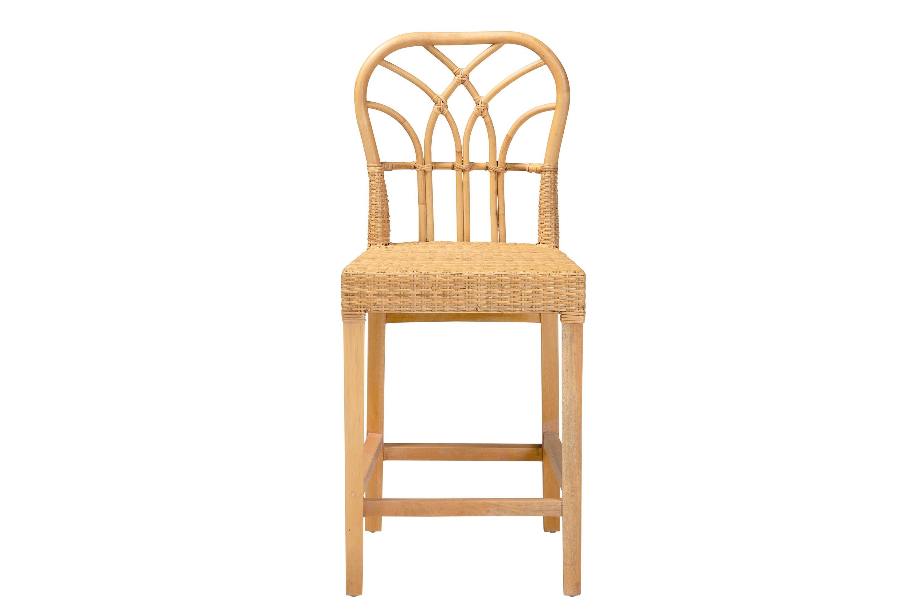 Monaco Modern Bohemian Natural Rattan and Mahogany Wood Counter Stool