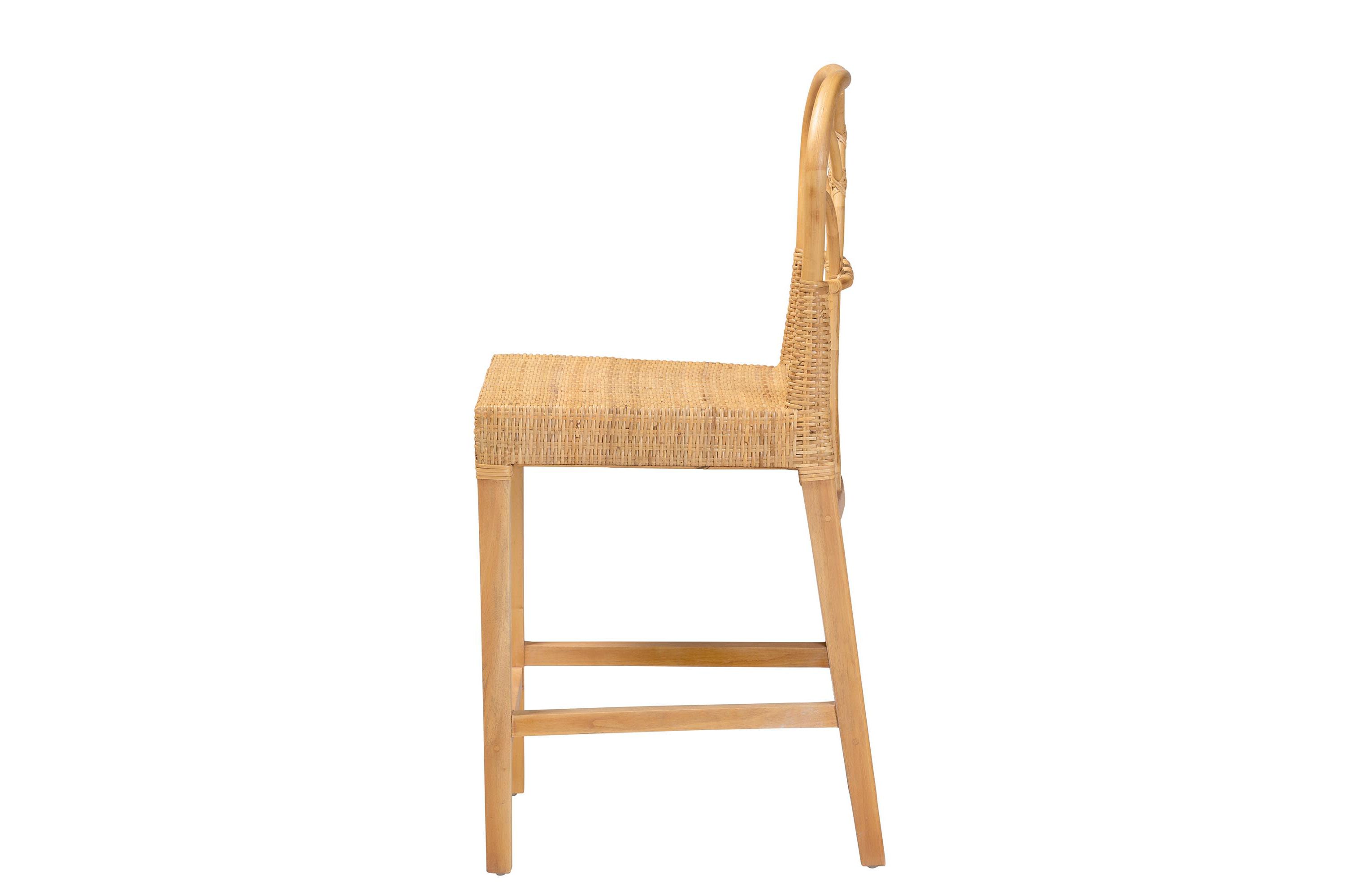 Monaco Modern Bohemian Natural Rattan and Mahogany Wood Counter Stool