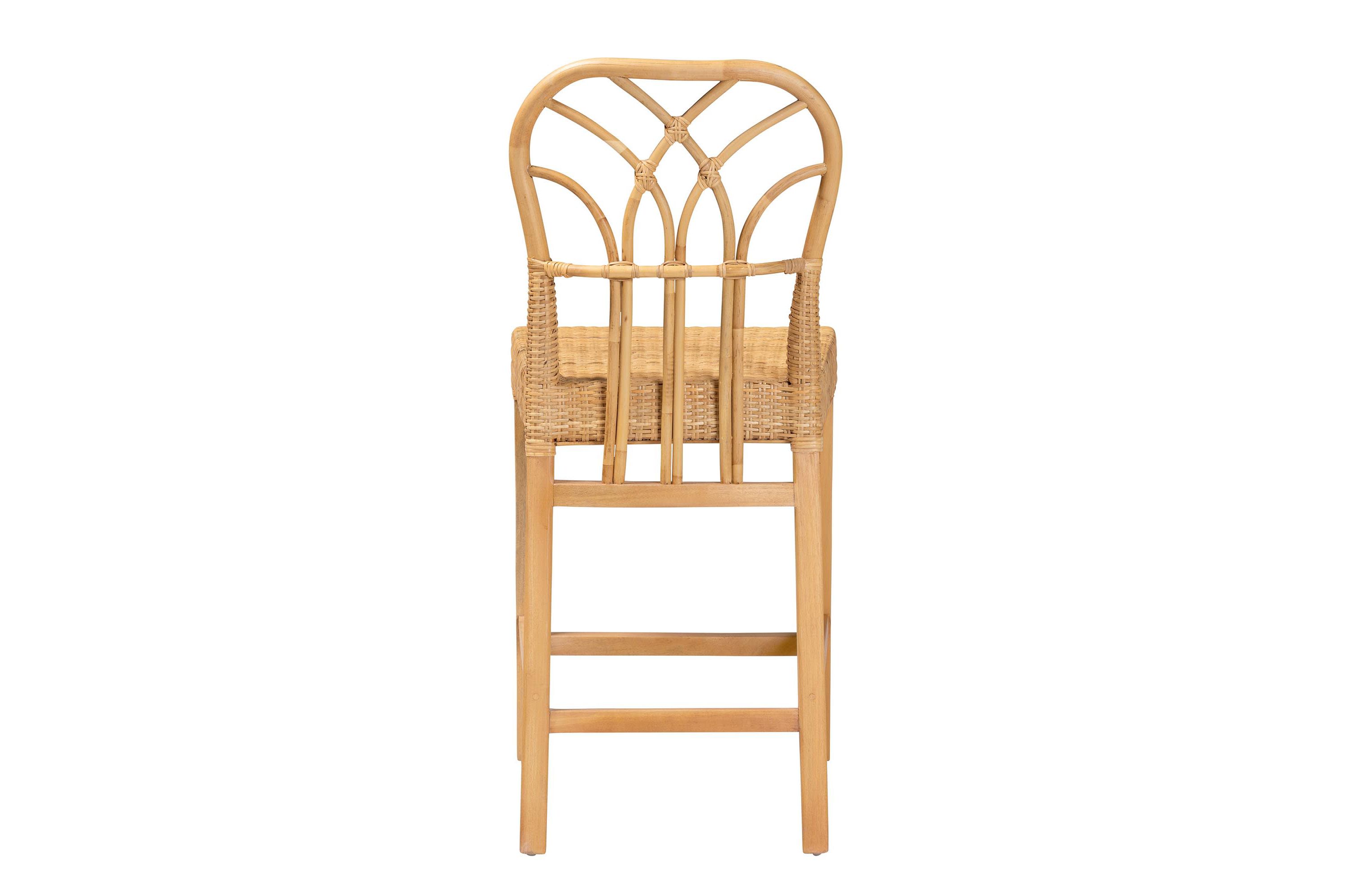 Monaco Modern Bohemian Natural Rattan and Mahogany Wood Counter Stool