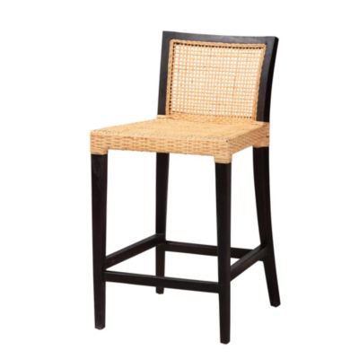 Lingga Modern Bohemian Dark Brown Mahogany Wood and Natural Rattan Counter Stool