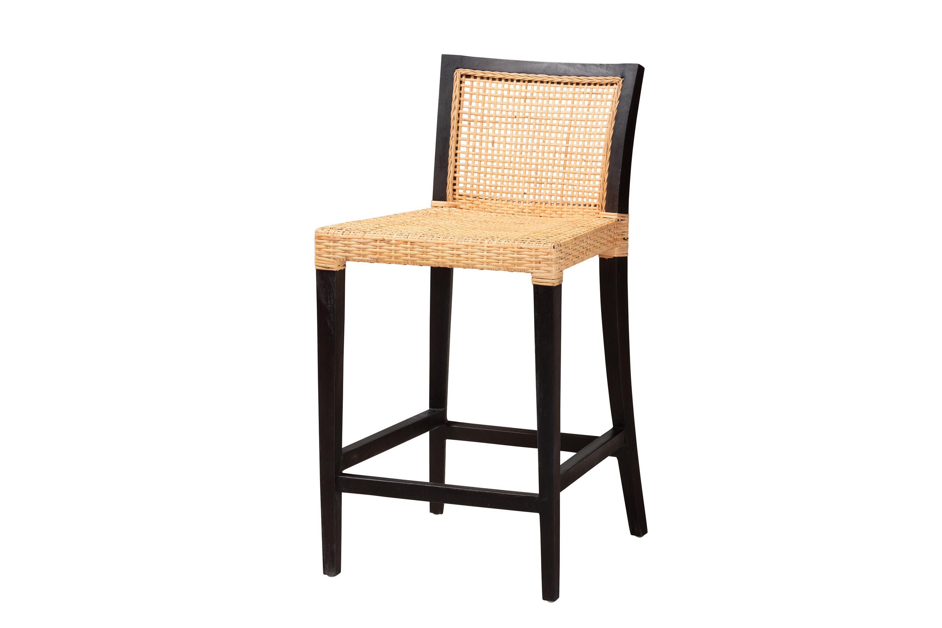 Lingga Modern Bohemian Dark Brown Mahogany Wood and Natural Rattan Counter Stool
