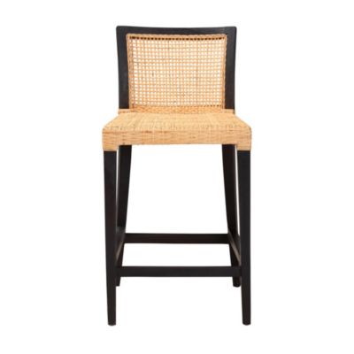 Lingga Modern Bohemian Dark Brown Mahogany Wood and Natural Rattan Counter Stool