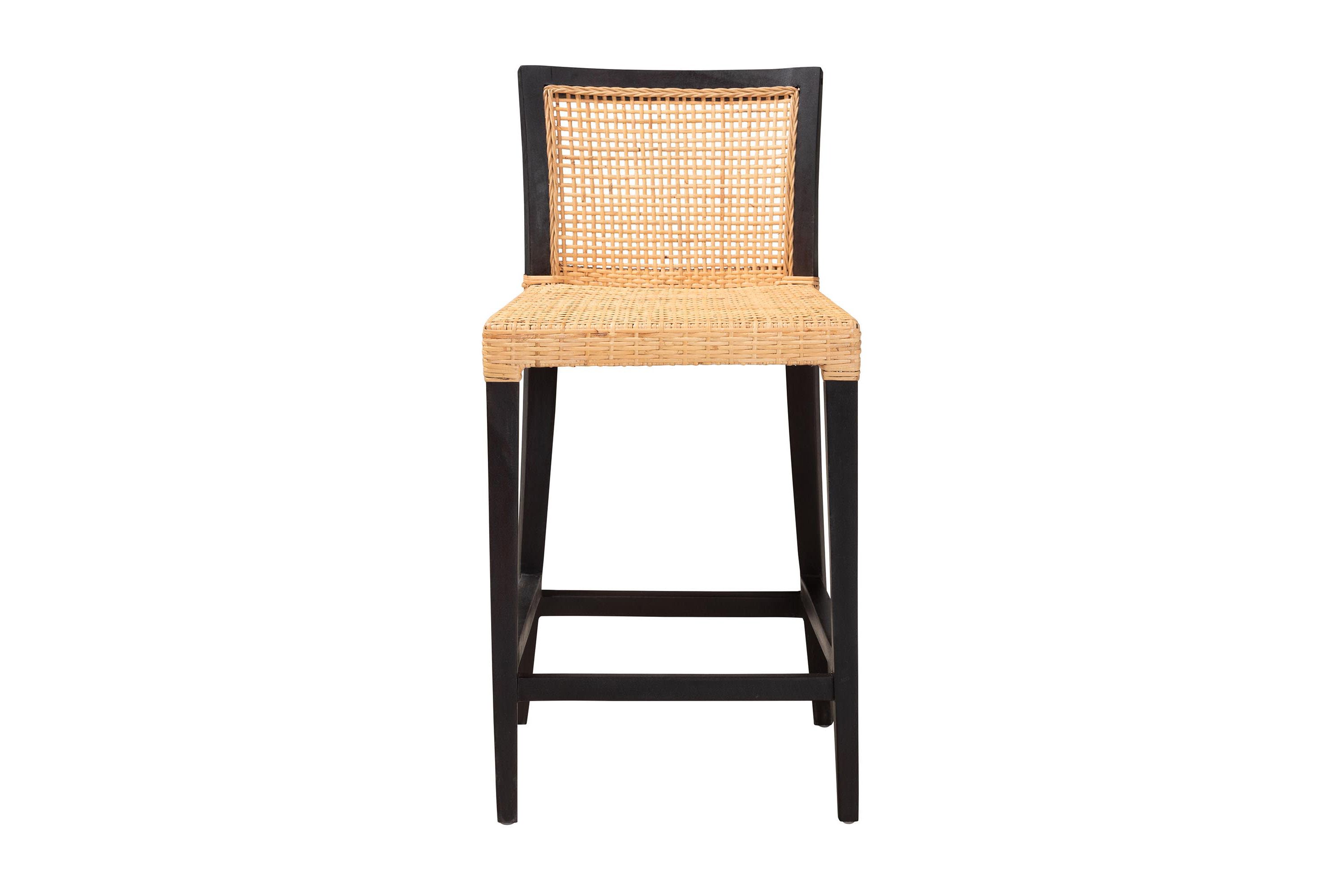 Lingga Modern Bohemian Dark Brown Mahogany Wood and Natural Rattan Counter Stool