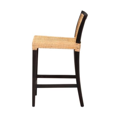 Lingga Modern Bohemian Dark Brown Mahogany Wood and Natural Rattan Counter Stool