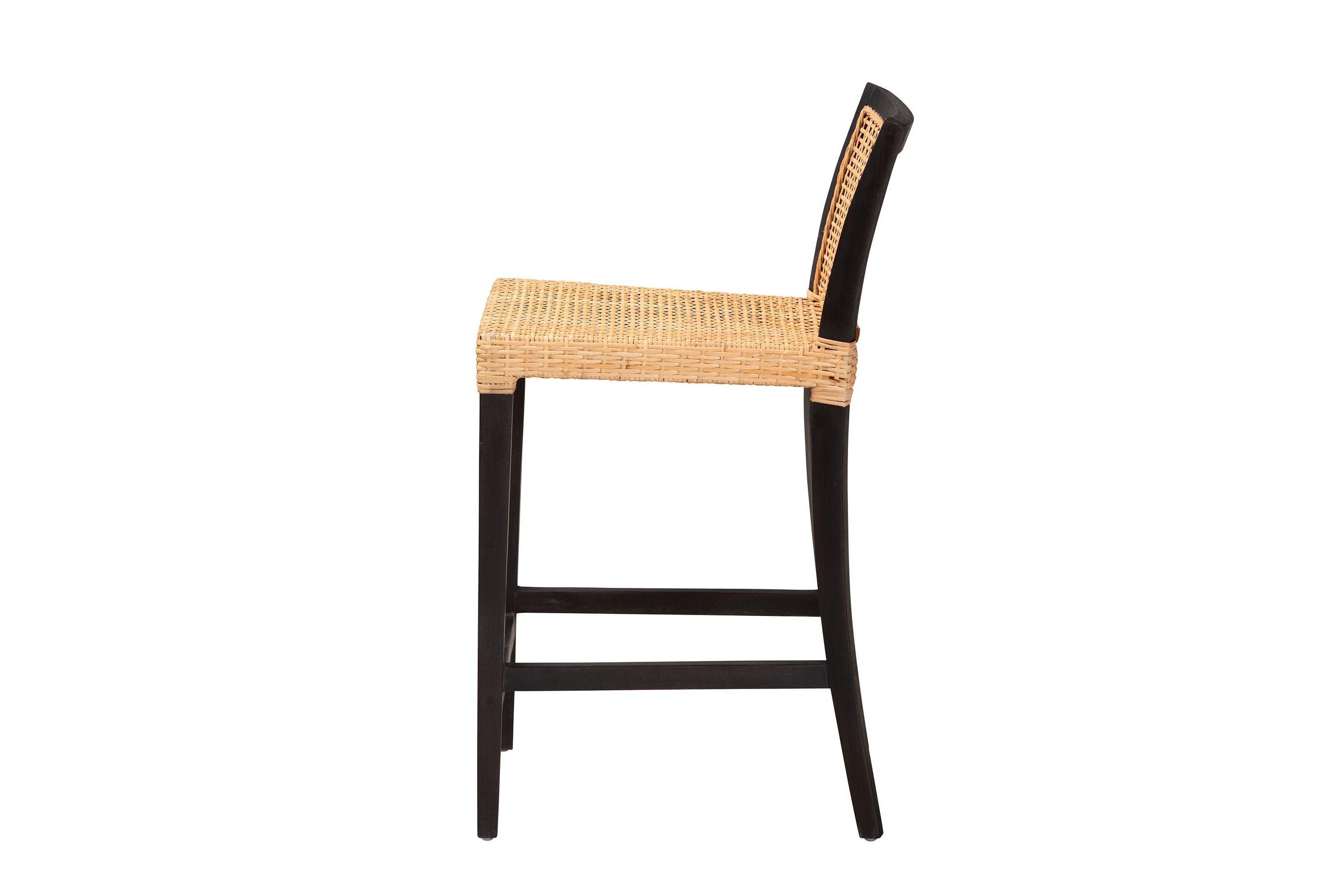 Lingga Modern Bohemian Dark Brown Mahogany Wood and Natural Rattan Counter Stool