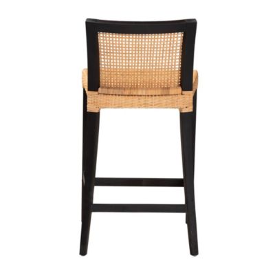 Lingga Modern Bohemian Dark Brown Mahogany Wood and Natural Rattan Counter Stool