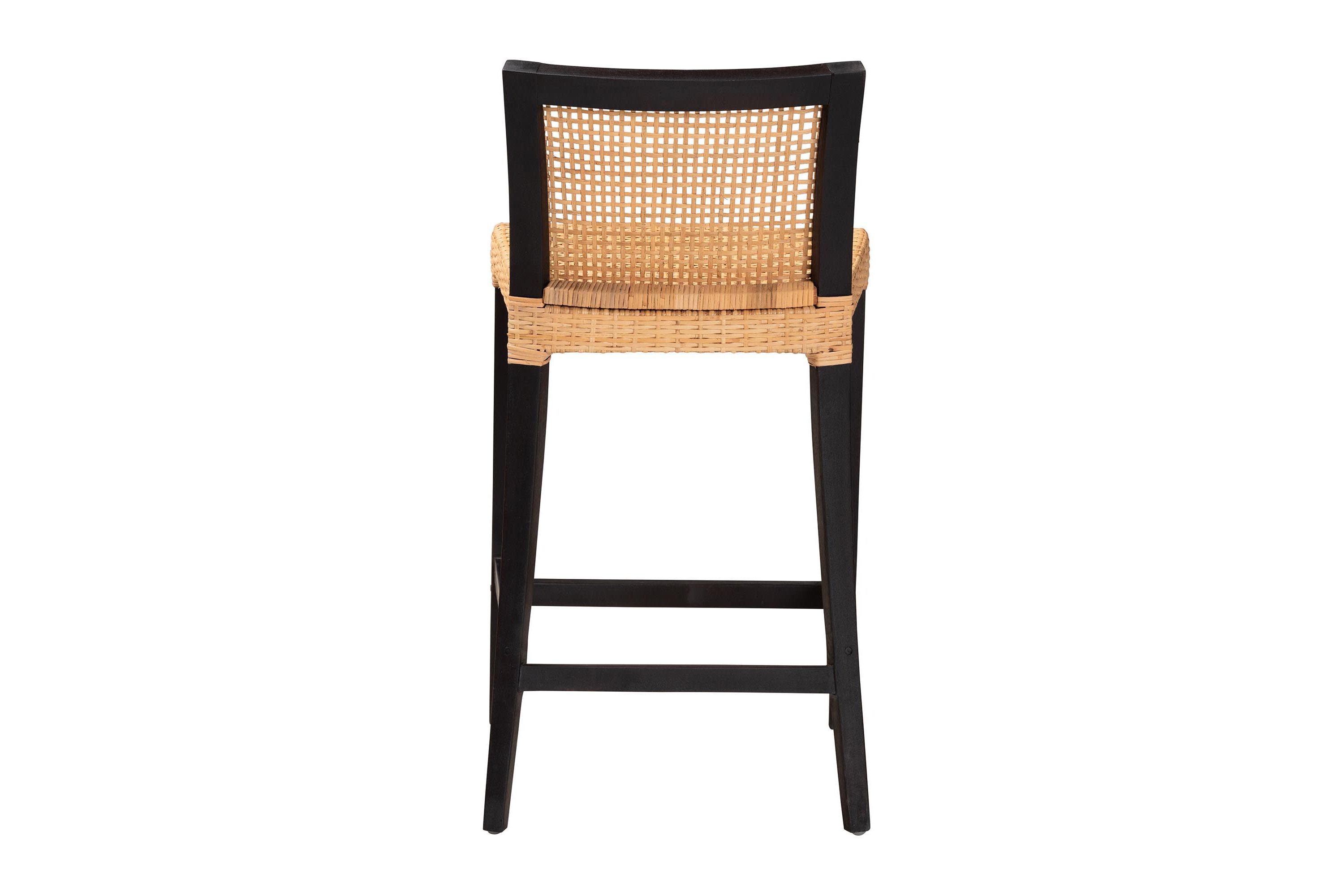 Lingga Modern Bohemian Dark Brown Mahogany Wood and Natural Rattan Counter Stool