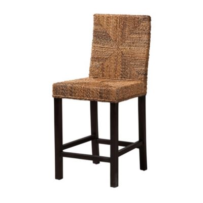 Laymi Modern Bohemian Dark Brown Mahogany Wood and Seagrass Counter Stool