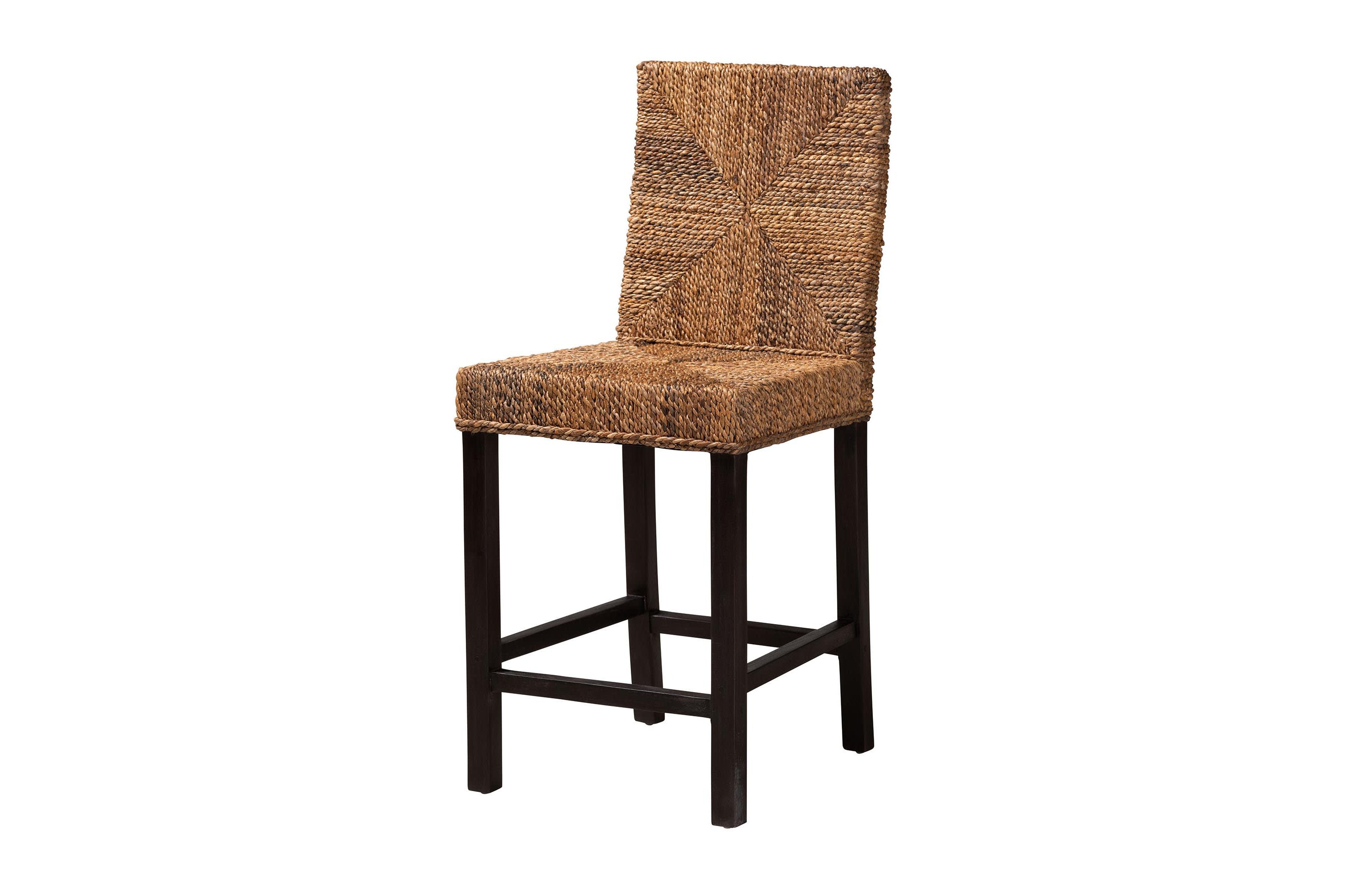 Laymi Modern Bohemian Dark Brown Mahogany Wood and Seagrass Counter Stool