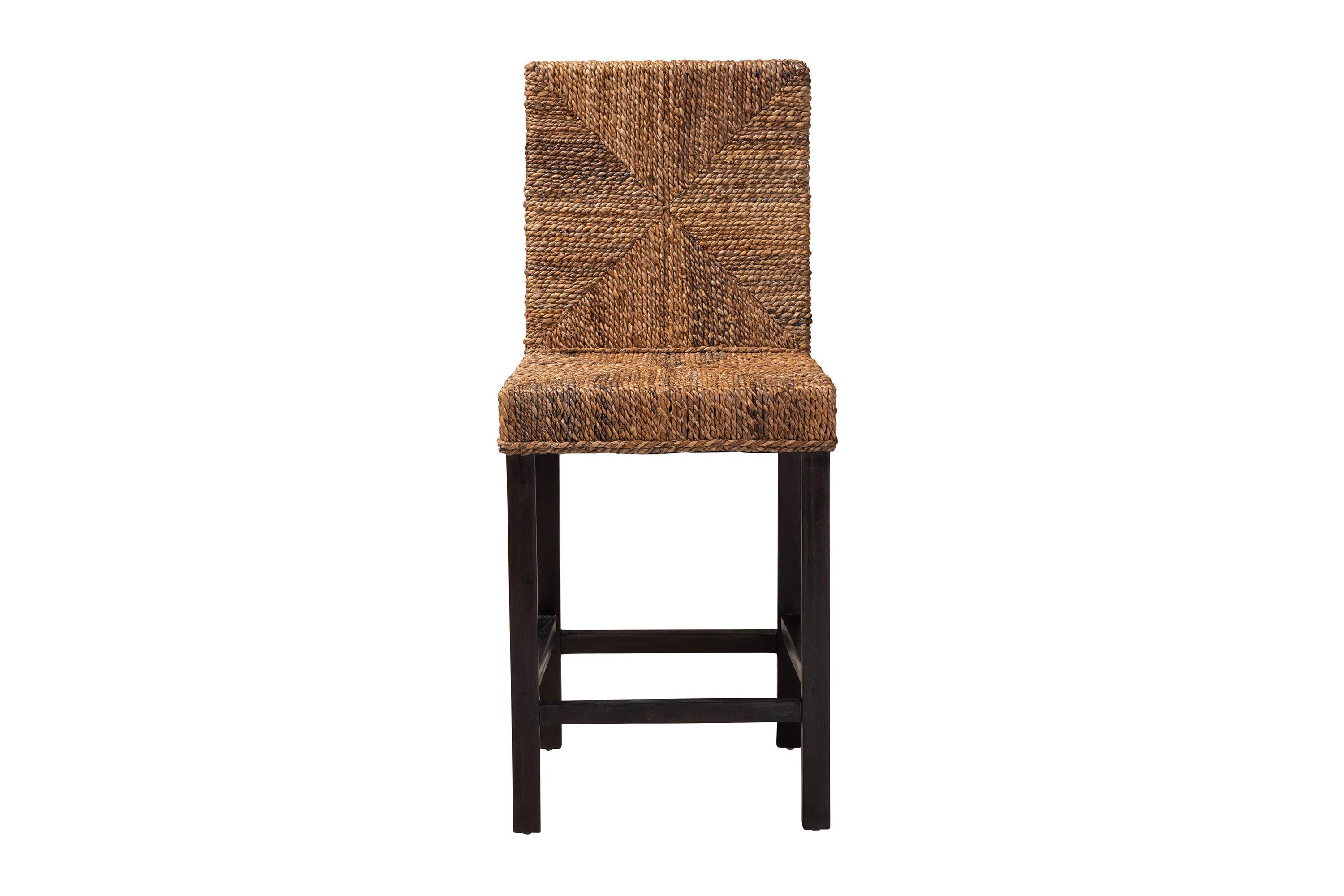 Laymi Modern Bohemian Dark Brown Mahogany Wood and Seagrass Counter Stool