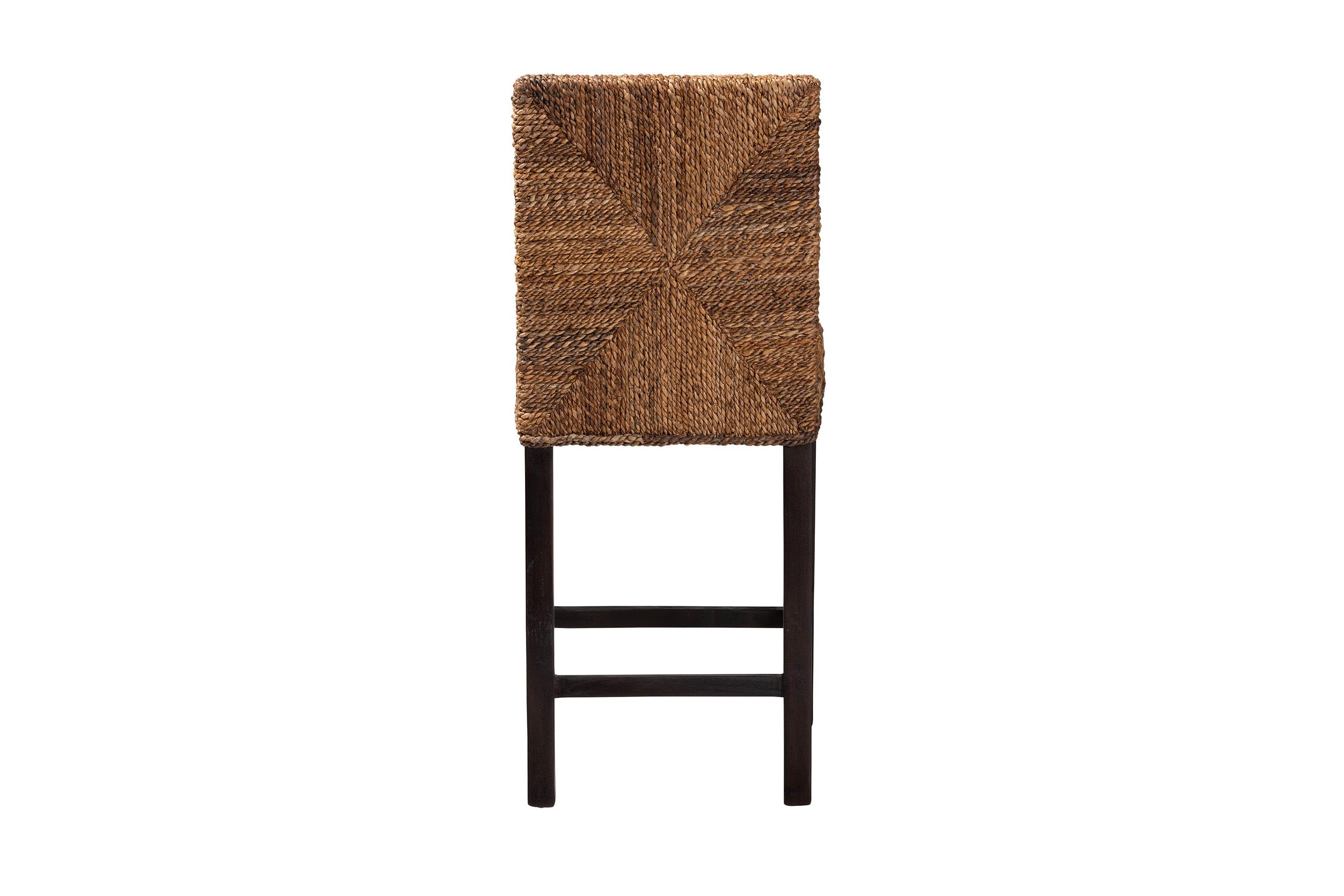 Laymi Modern Bohemian Dark Brown Mahogany Wood and Seagrass Counter Stool