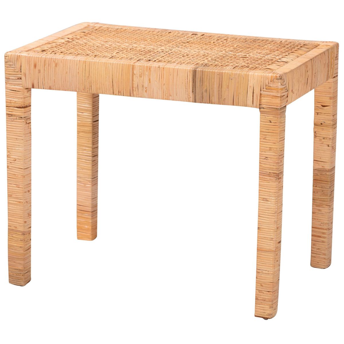 Abelia Modern Bohemian Natural Rattan and Mahogany Wood Short Accent Bench