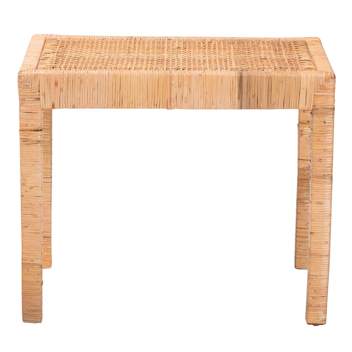 Abelia Modern Bohemian Natural Rattan and Mahogany Wood Short Accent Bench