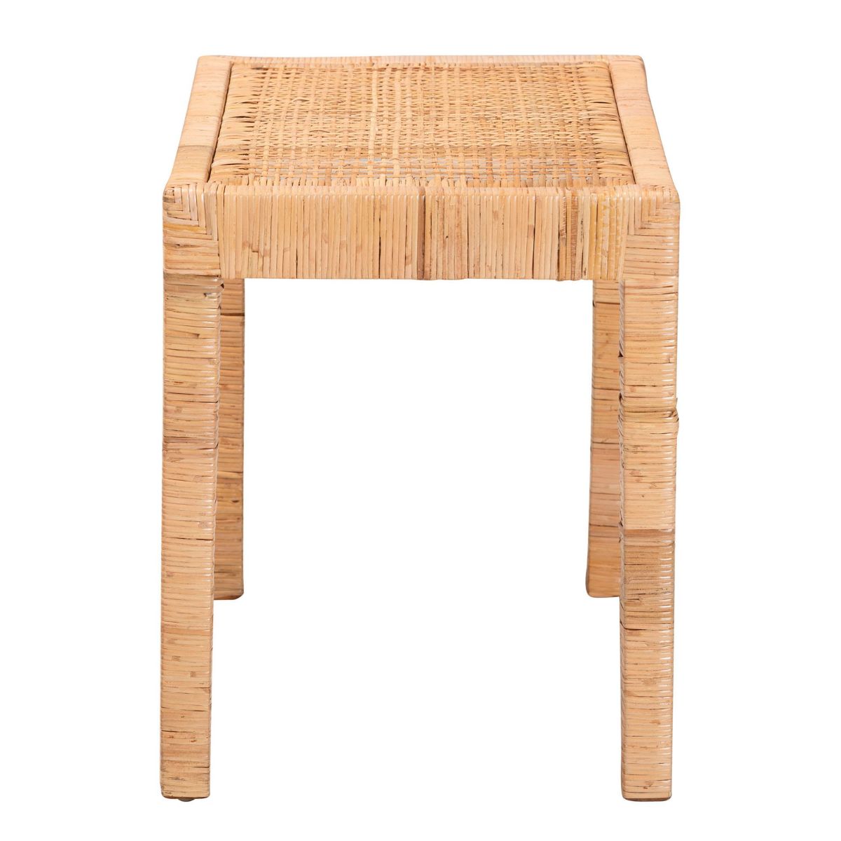 Abelia Modern Bohemian Natural Rattan and Mahogany Wood Short Accent Bench