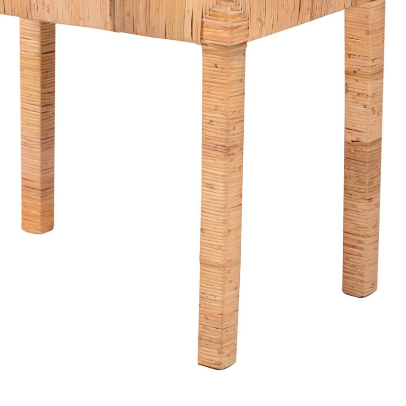 Abelia Modern Bohemian Natural Rattan and Mahogany Wood Short Accent Bench