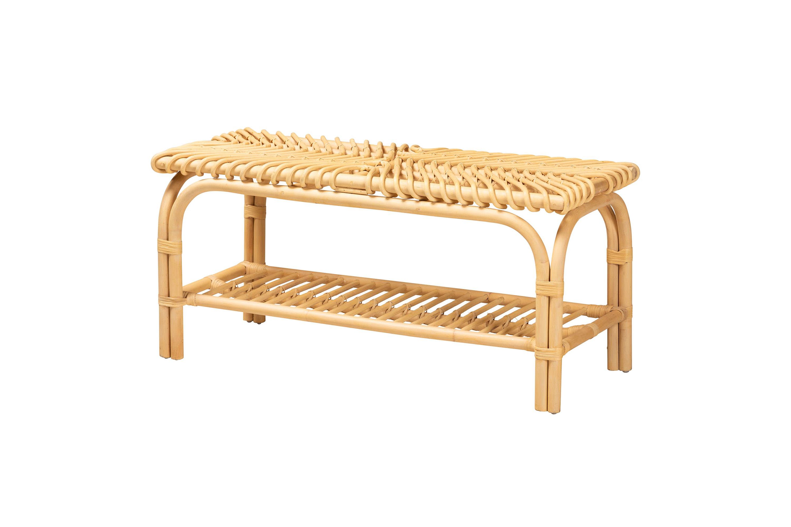 Himari Modern Bohemian Natural Brown Rattan Accent Bench