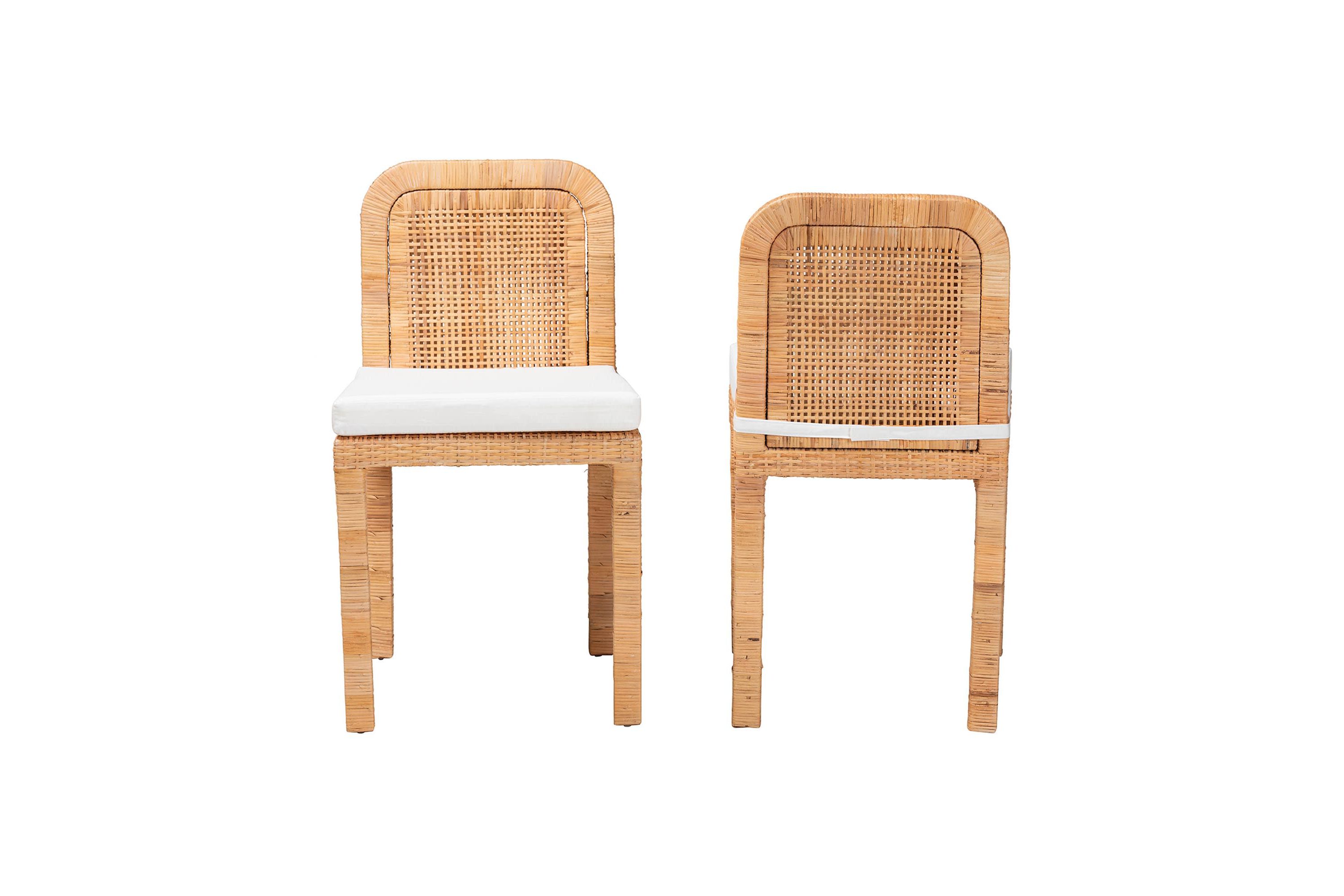Zariah Modern Bohemian Natural Brown Rattan and Mahogany Wood 2-Piece Dining Chair Set