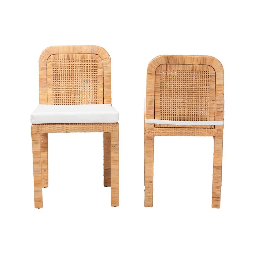Zariah Modern Bohemian Natural Brown Rattan and Mahogany Wood 2-Piece Dining Chair Set