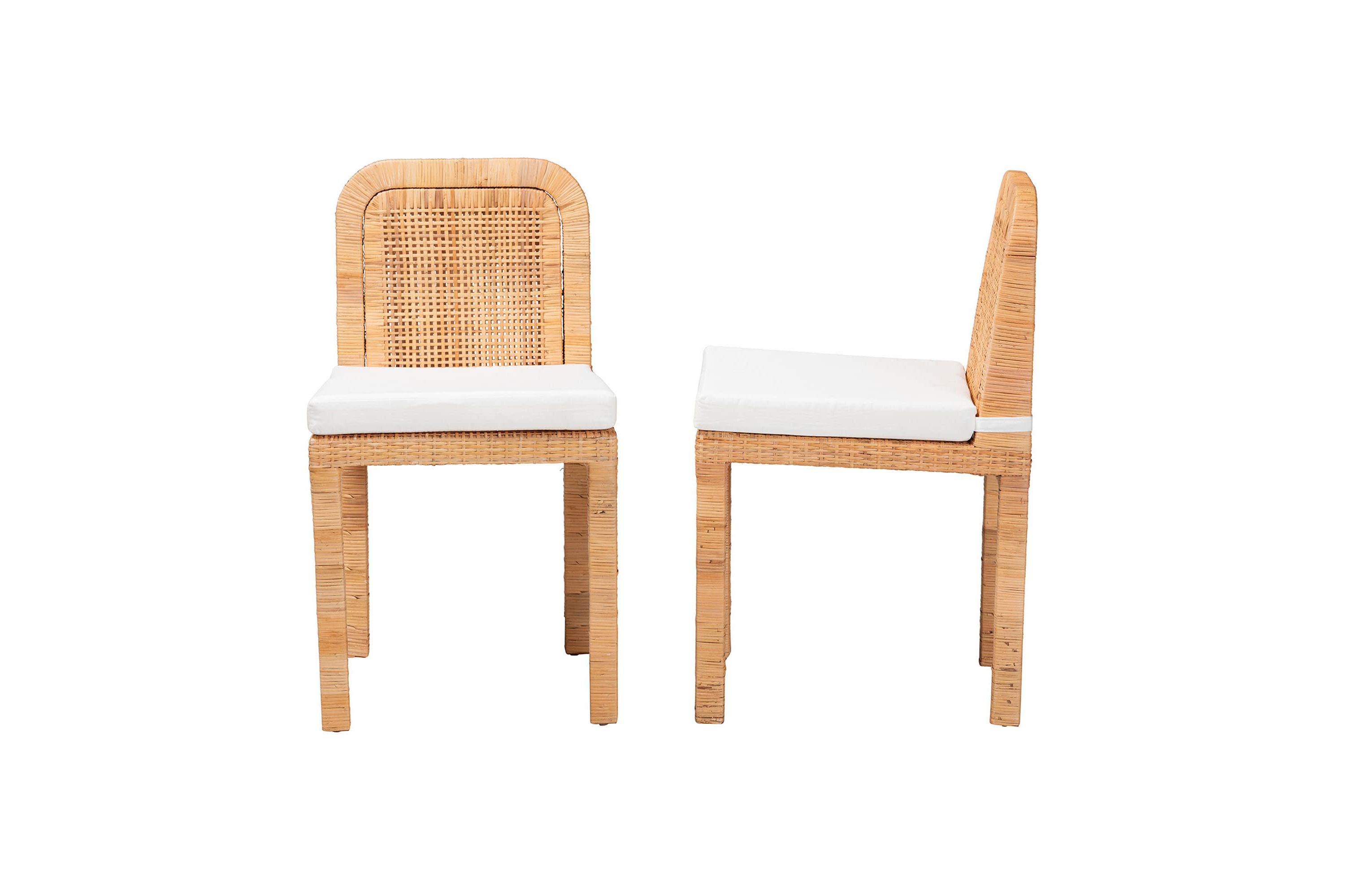 Zariah Modern Bohemian Natural Brown Rattan and Mahogany Wood 2-Piece Dining Chair Set