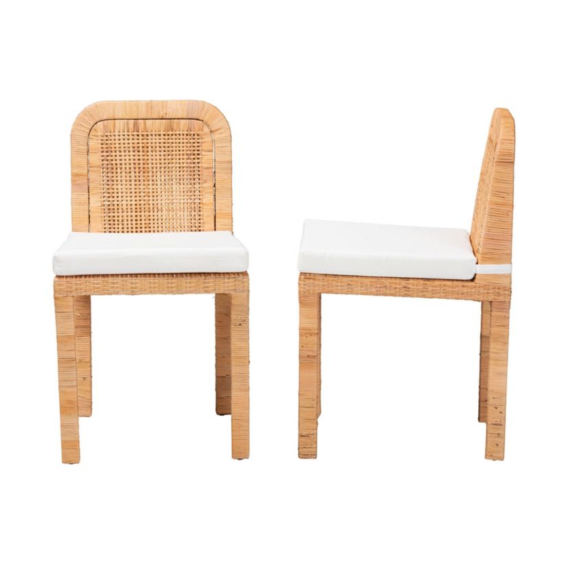Zariah Modern Bohemian Natural Brown Rattan and Mahogany Wood 2-Piece Dining Chair Set
