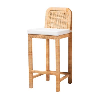 Zariah Modern Bohemian Natural Brown Rattan and Mahogany Wood Bar Stool