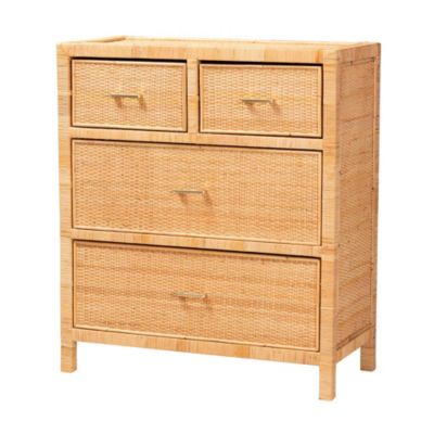 bali & pari Vaere Modern Bohemian Natural Brown Rattan and Mahogany Wood Storage Cabinet