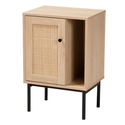 Sherwin Mid-Century Modern Light Brown and Black 1-Door Cabinet with Woven Rattan Accent
