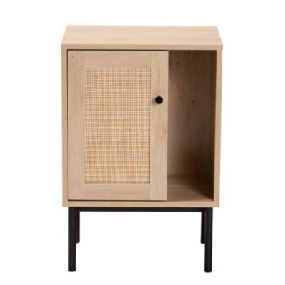 Sherwin Mid-Century Modern Light Brown and Black 1-Door Cabinet with Woven Rattan Accent