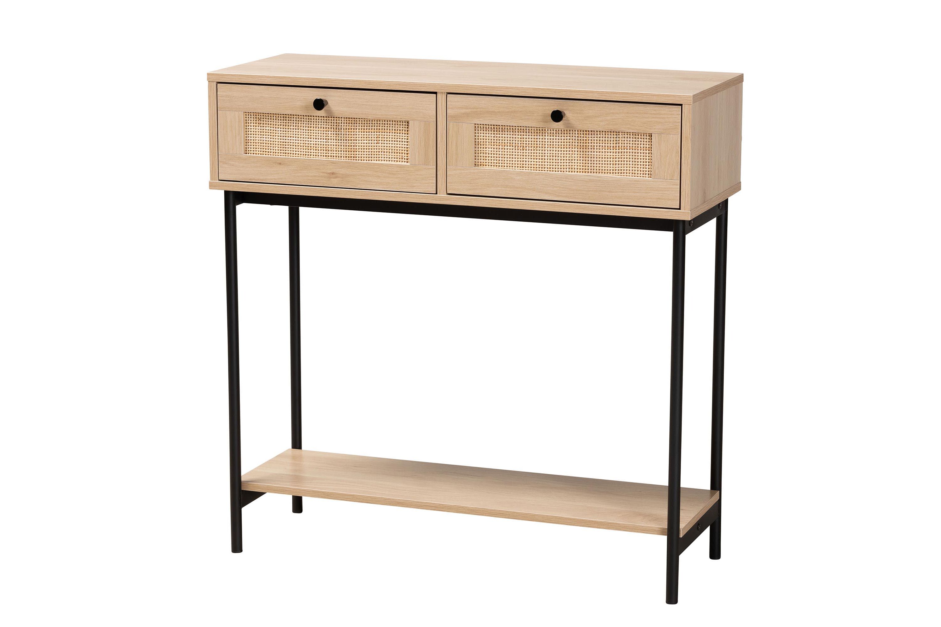 Sherwin Mid-Century Modern Light Brown  and Black 2-Drawer Console Table with Woven Rattan Accent