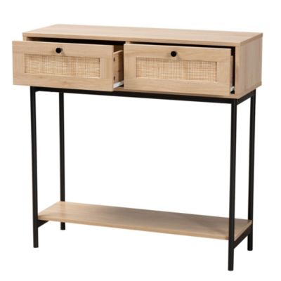 Sherwin Mid-Century Modern Light Brown  and Black 2-Drawer Console Table with Woven Rattan Accent