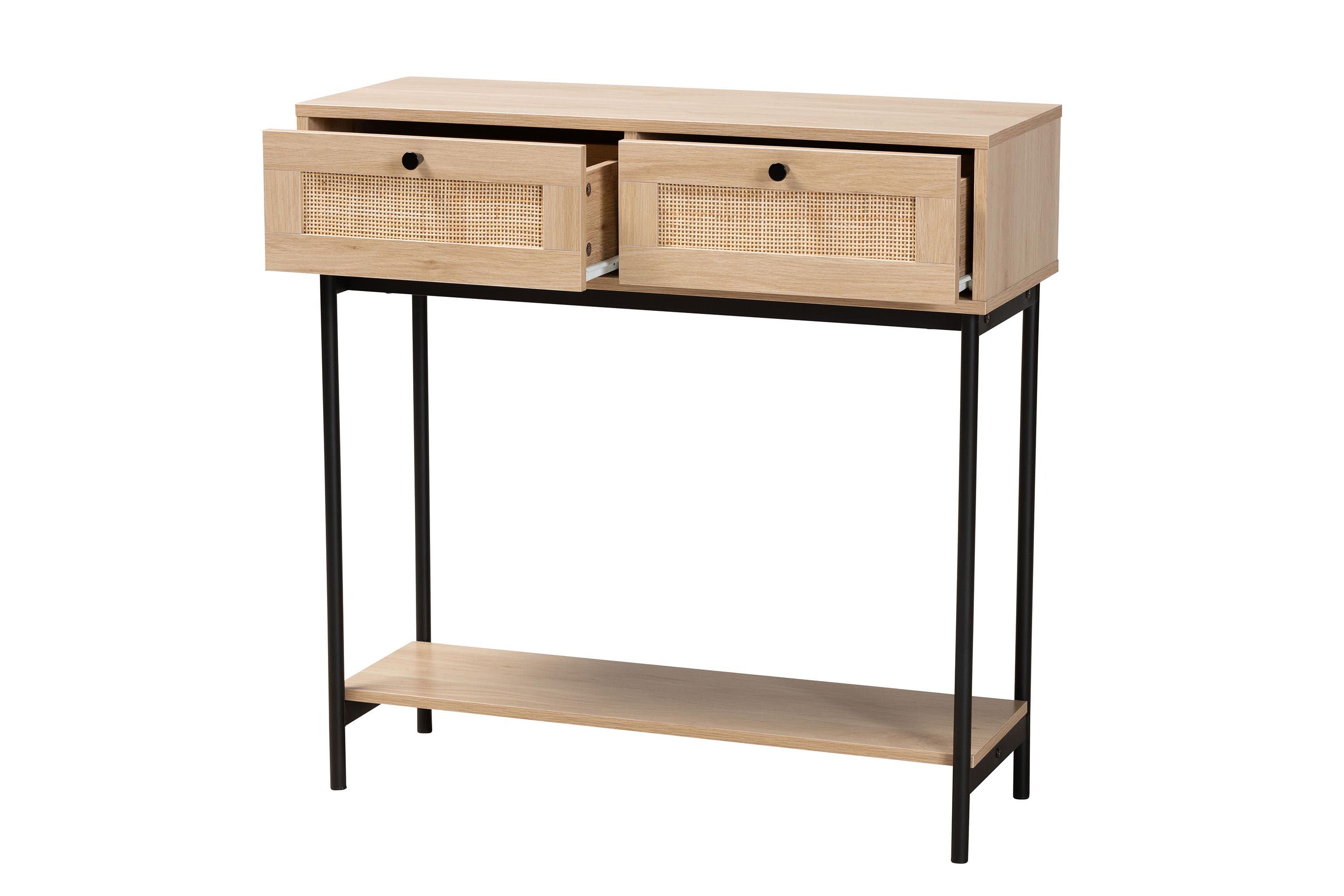 Sherwin Mid-Century Modern Light Brown  and Black 2-Drawer Console Table with Woven Rattan Accent