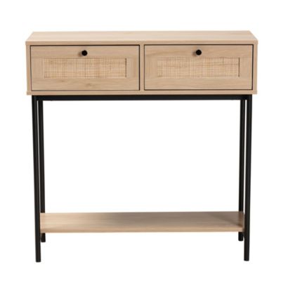 Sherwin Mid-Century Modern Light Brown  and Black 2-Drawer Console Table with Woven Rattan Accent