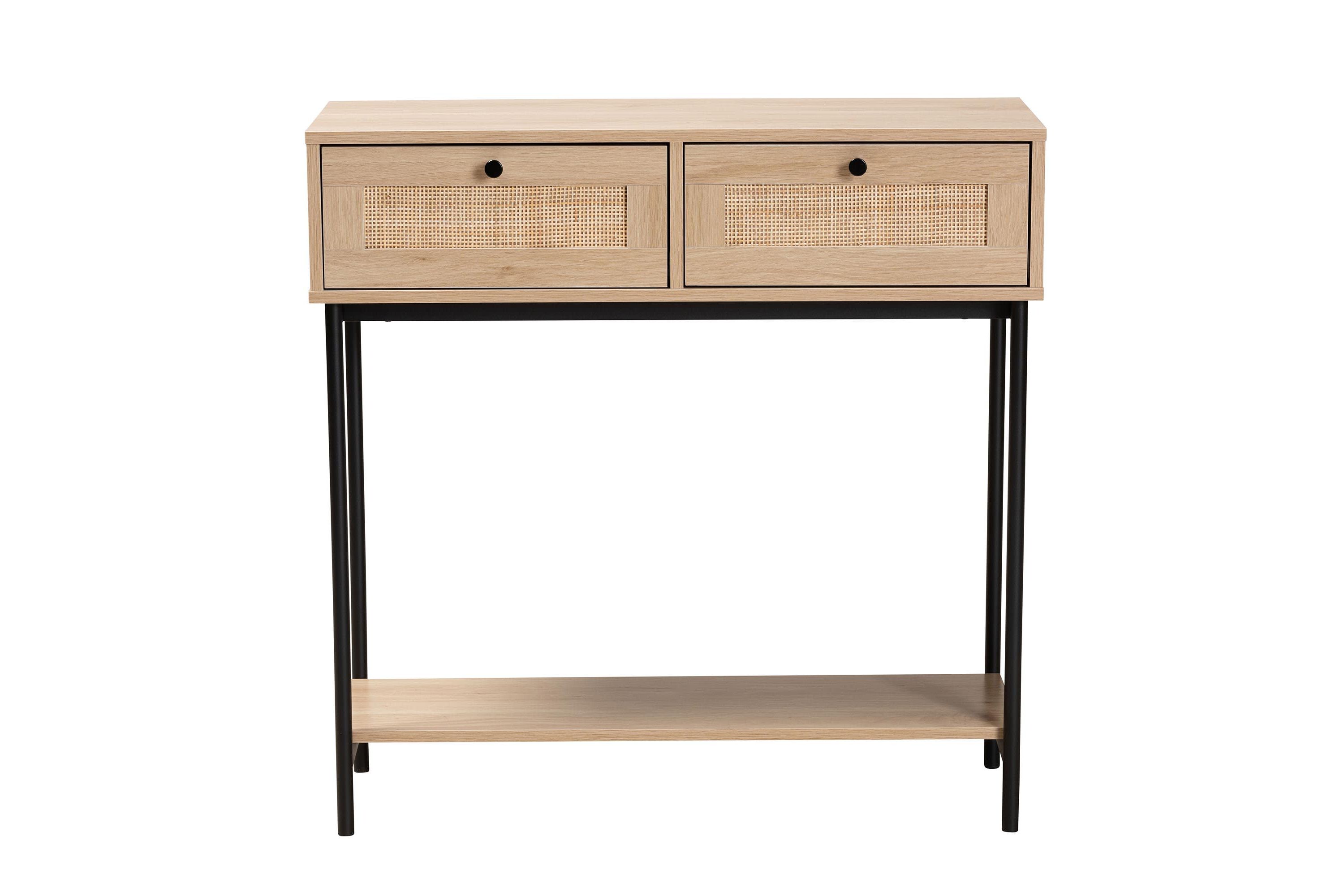 Sherwin Mid-Century Modern Light Brown  and Black 2-Drawer Console Table with Woven Rattan Accent