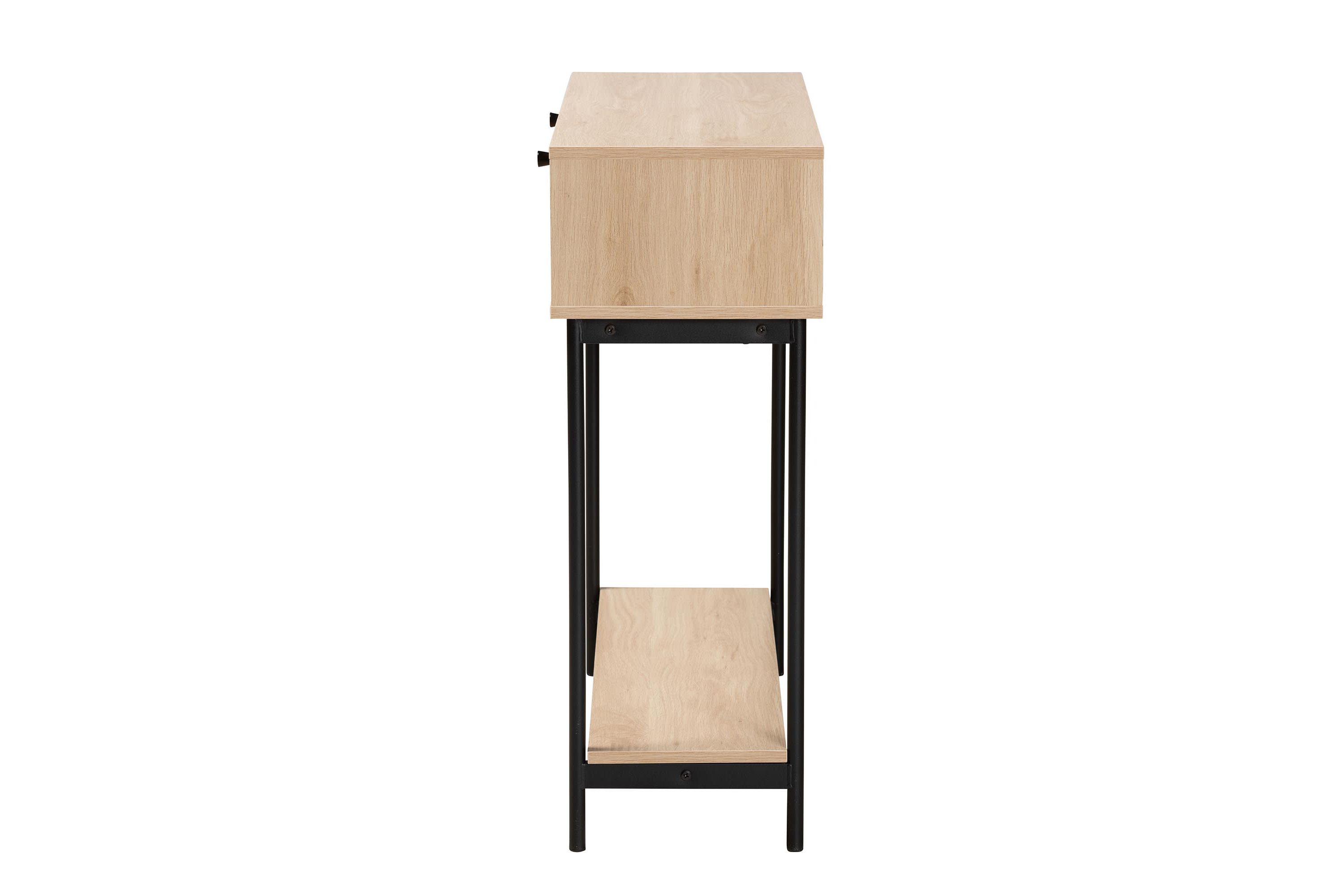 Sherwin Mid-Century Modern Light Brown  and Black 2-Drawer Console Table with Woven Rattan Accent