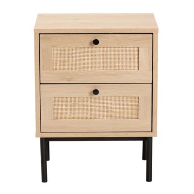 Sherwin Mid-Century Modern Light Brown and Black -Drawer End Table with Woven Rattan Accent