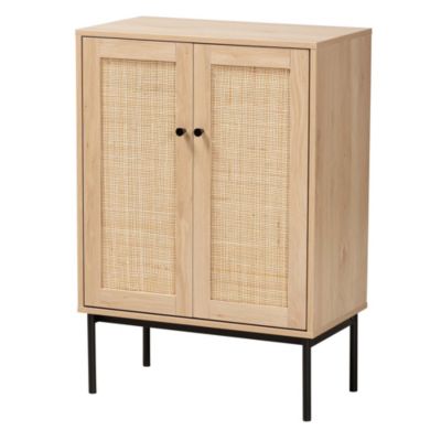 Sherwin Mid-Century Modern Light Brown and Black 2-Door Storage Cabinet with Woven Rattan Accent