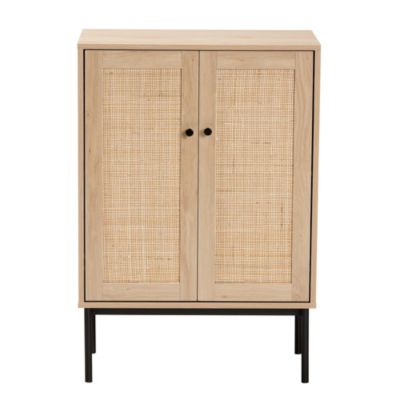 Sherwin Mid-Century Modern Light Brown and Black 2-Door Storage Cabinet with Woven Rattan Accent