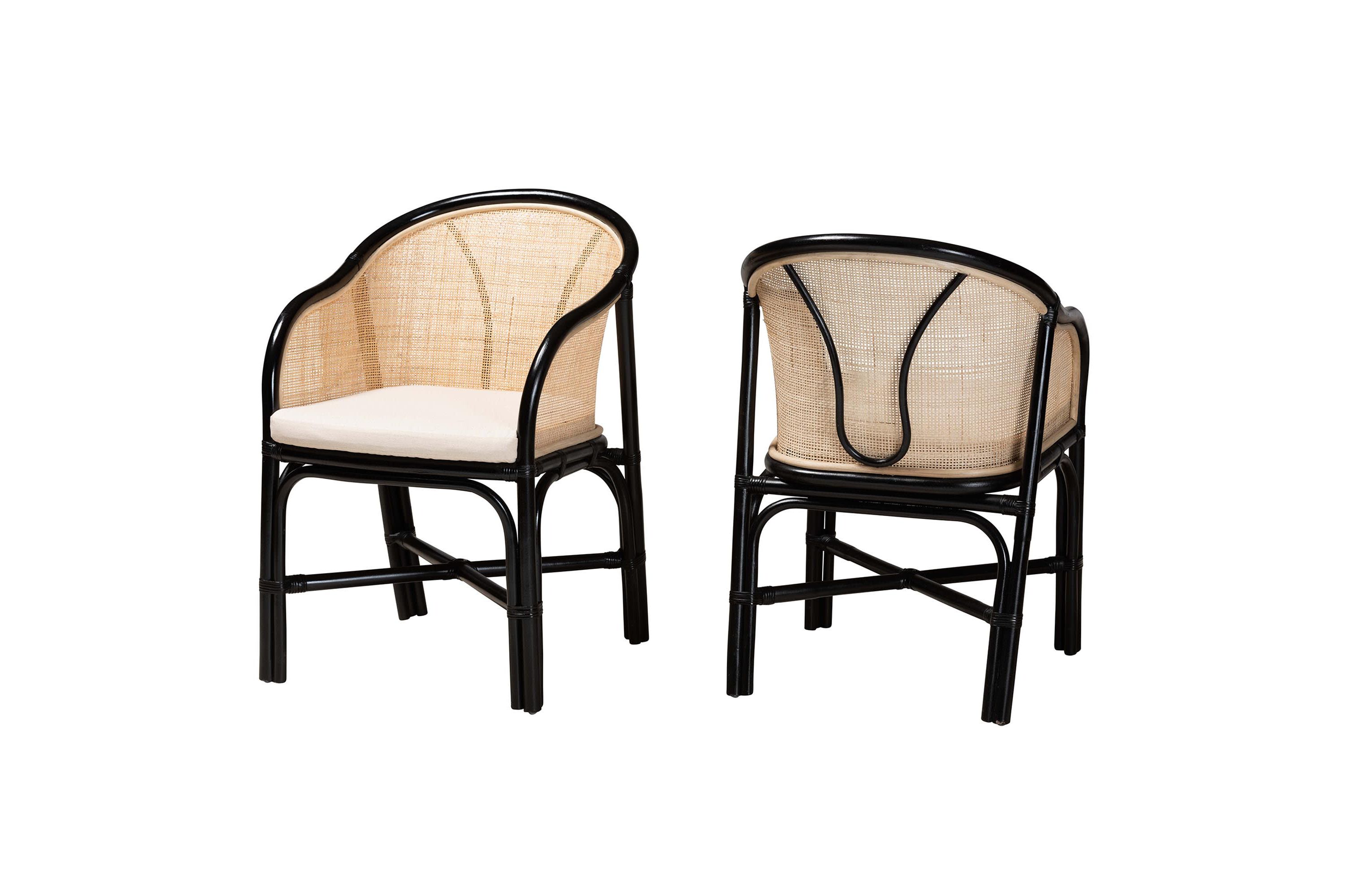 Miranda Modern Bohemian Two-Tone Black and Natural Brown Rattan 2-Piece Dining Chair Set