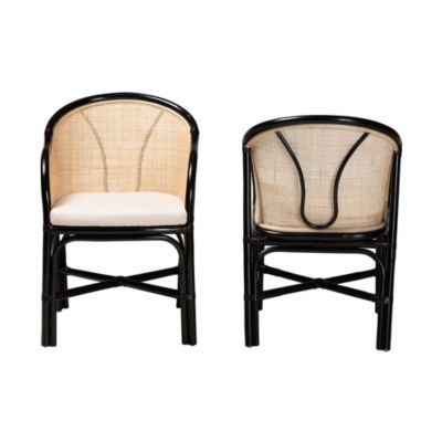 Miranda Modern Bohemian Two-Tone Black and Natural Brown Rattan 2-Piece Dining Chair Set